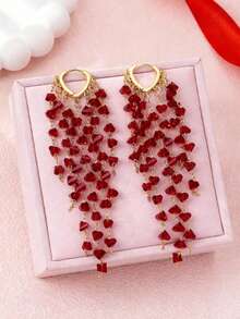 1 Pair Minimalist Fashionable Elegant Vintage Long Tassel Heart Dangle Earrings - Burgundy - View 4