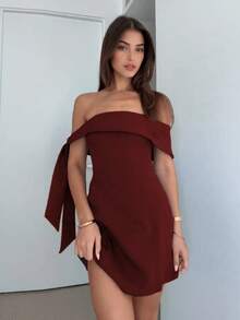 European And American Fashion Casual Elegant Off Shoulder High Waist Sexy Design Brown Dress, Party/Dating Outfit, Summer Dress For Women - Burgundy - View 4