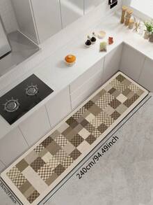 1pc Silica Gel Kitchen Floor Mat, Geometric Patchwork Pattern In Warm Tones Of Deep Brown, Light Brown And Beige. Combining Classic Checkerboard And Solid Color Blocks In A Vintage Yet Orderly Geometric Mosaic Design. - Multicolor - View 12
