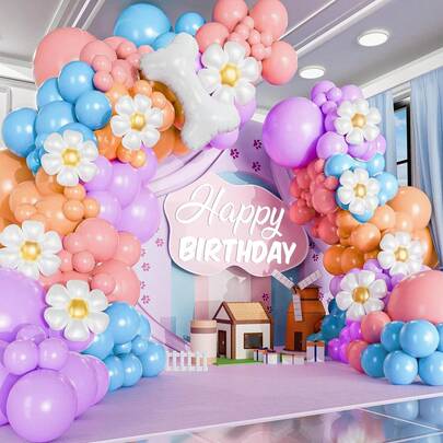132 piezas Conjunto de arco de globos con temática de perro azul, incluye un hueso de perro, globos de lámina con margaritas, y globos de látex rosa, azul, amarillo y morado. Perfecto para fiestas de cumpleaños, fiestas al aire libre, reuniones familiares y decoraciones de fiestas con temática de perros.