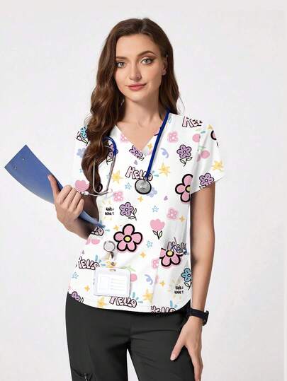 cimmuovere 宽松V领短款多口袋可爱小熊印花医用上衣，适合护士、牙医、医疗保健人员、宠物医院、实验室等，也适合情人节春季穿着。
