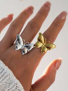 Uself 2Pcs/1Pc Artistic 3D Butterfly 18K Gold Plated 304 Stainless Steel Ring Set Two Tone Polished Open Band Finger Jewelry For Women & Creative Design Lovers - Multicolor - View 8