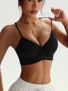 Women's V-Neck Ruched Criss-Cross Back Sports Bra, Breathable Skin-Friendly Spaghetti Strap Fitness Bralette, Ruched Front Design To Shape Bust, Multi-Strap Criss-Cross Hollow Back Design, Fashionable And Eye-Catching, Spaghetti Straps Fit Shoulder And Neck Without Slipping, Breathable Fabric To Say Goodbye To Sweat, Provides Moderate Sports Support, Multiple Colors Available For Simple And Versatile Style, Suitable For Yoga, Running, Fitness Training, Can Be Worn Directly As Outerwear Or As Inner Layer, Combines Sports Practicality And Vibe Women's Sports Tank Top - Black - View 5