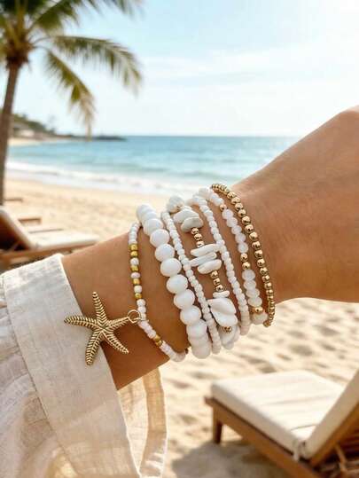 imoli 7件套时尚波西米亚风玻璃珠海星手链套装，适合女士夏季海滩度假佩戴，也是送给朋友的礼物。