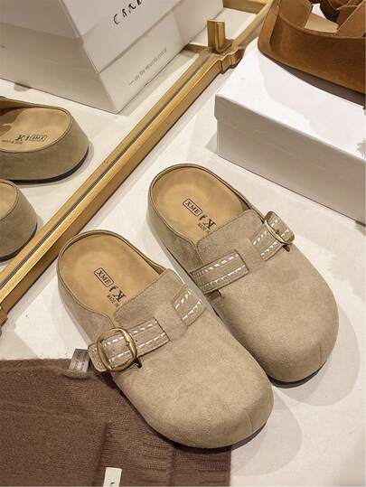 2026新款春夏女士时尚平底拖鞋，休闲户外复古搭扣装饰沙滩拖鞋，厚底时尚一脚蹬鞋