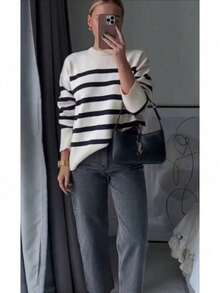Women's Blouse Sweater Stripes Fashion Knit Winter 2025 Sweaters Striped Cold Basic Moura Knit - trắng - Xem 2