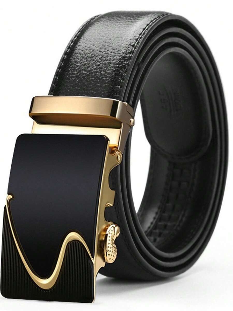 1条男士PU皮革腰带，休闲自动扣腰带，多功能商务裤带，适合中青年男士 - 黑色 - 查看 1