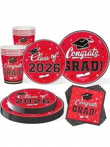Bộ đồ dùng tiệc tốt nghiệp 10/20/50/80 món năm 2026, bộ đồ ăn tiệc tốt nghiệp màu đỏ dùng một lần gồm đĩa, cốc và khăn giấy để chúc mừng sinh nhật tốt nghiệp. - màu đỏ - Xem 1