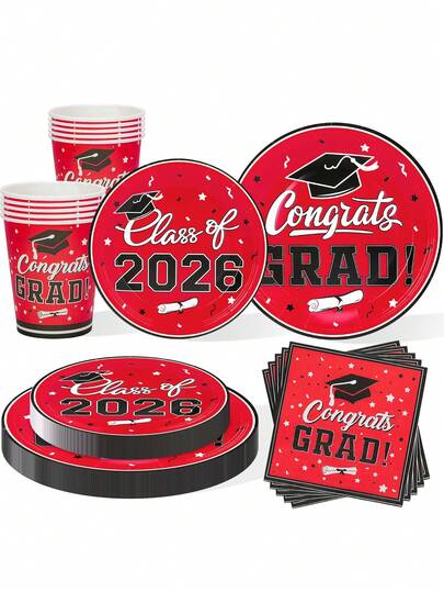 10个/20个/50个/80个装 2026毕业派对用品 红色一次性纸盘、纸杯、餐巾纸 毕业祝贺派对装饰
