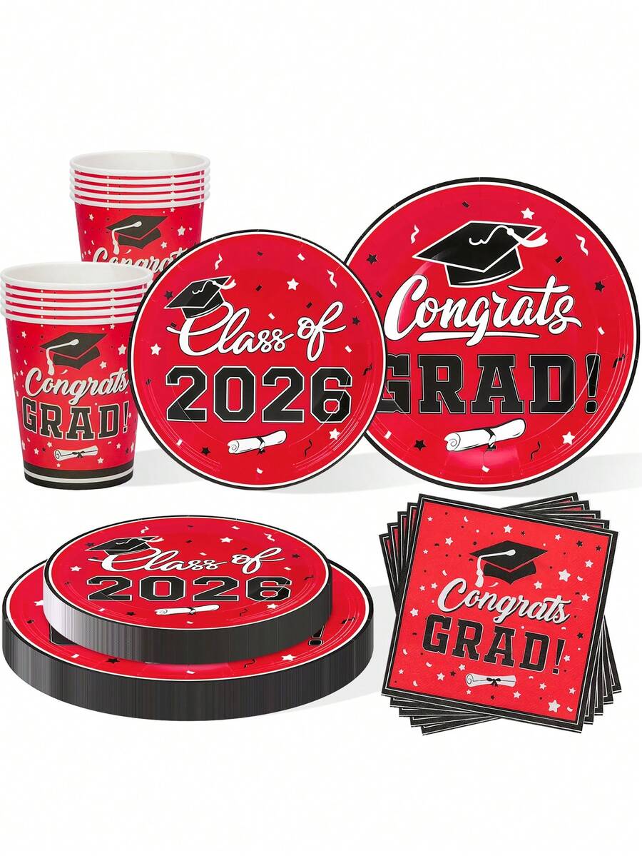 Bộ đồ dùng tiệc tốt nghiệp 10/20/50/80 món năm 2026, bộ đồ ăn tiệc tốt nghiệp màu đỏ dùng một lần gồm đĩa, cốc và khăn giấy để chúc mừng sinh nhật tốt nghiệp. - màu đỏ - Xem 1