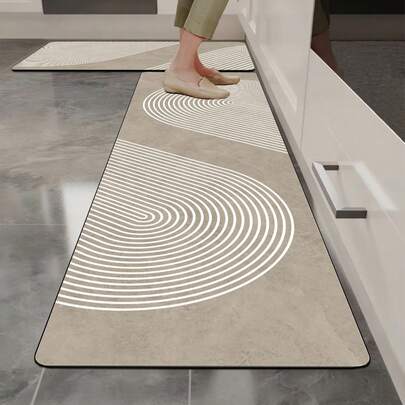 1 ชิ้น แผ่นรองพื้นซิลิกาเจลสำหรับห้องครัว, สีพื้นน้ำตาลเทาอ่อนพร้อมเส้นโค้งวงกลมสีขาวเรียบเนียนเป็นลวดลายคลื่น, ดีไซน์ทันสมัยเรียบง่ายแต่มีจังหวะ, เหมาะสำหรับตกแต่งห้องครัว, ห้องน้ำ, ทางเข้า, ห้องซักรีด, ห้องนอน, ห้องนั่งเล่น