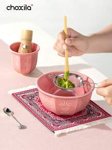 choxila 4/8pcs Pink/Green Matcha Set, Ceramic Bowl, Plastic Matcha Whisk, Matcha Accessories, Dishwasher , Easy To Clean - Green Set - View 3