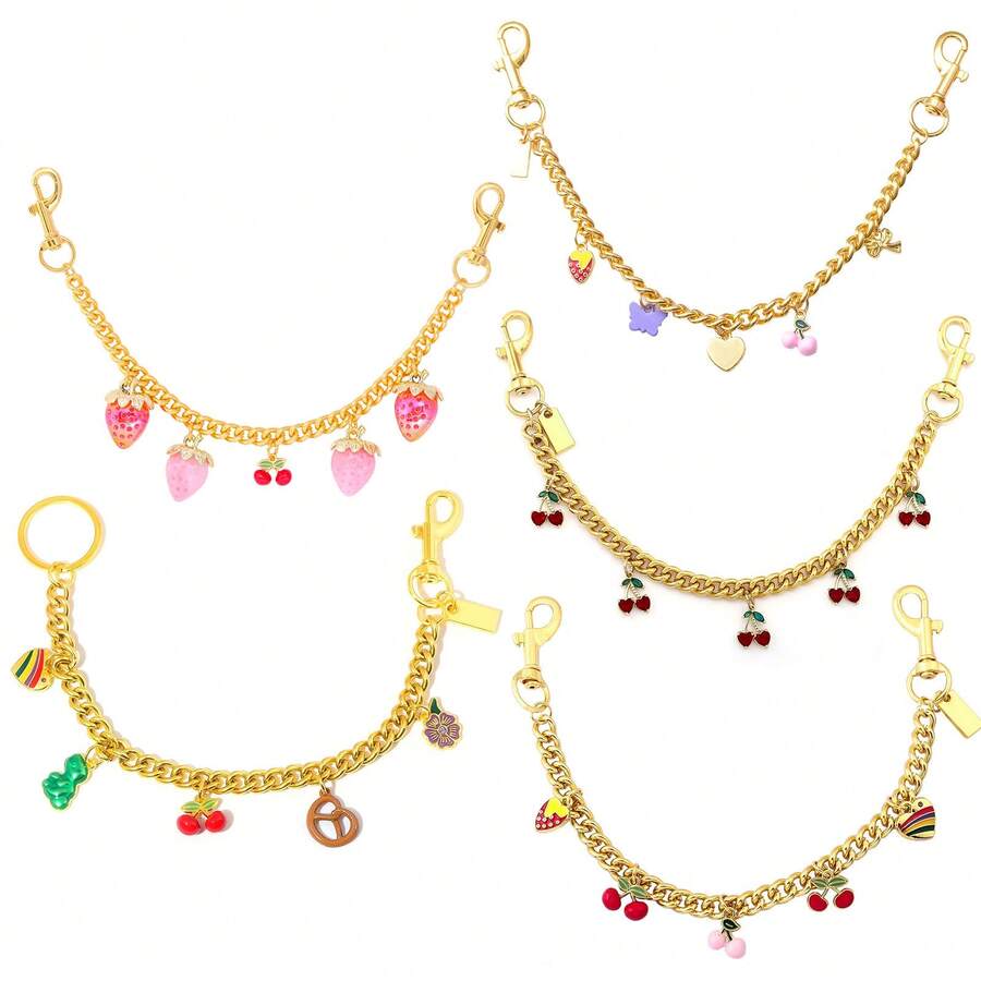 1 pieza Cadena de bolso cruzado delicado de moda para mujer, decoración de metal con corazón de cereza y galleta de orquídea, correa de bolso versátil