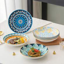 Bộ 6 bát sứ cao cấp phong cách Bohemian Retro dùng đựng mì/salad - Bộ bát đĩa sứ dùng cho bữa ăn, đĩa súp nông rộng 6-8 inch - Dùng được trong lò vi sóng và máy rửa chén (23oz) - Nhiều màu - Xem 3