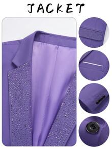 Luxury Men's Tuxedo Suit 2 Piece Set Rhinestone Lapel – Slim Fit Formal Blazer For Wedding Prom - Violet Purple - View 2