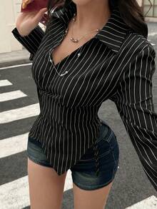 EARO Camicia a maniche lunghe da donna con righe verticali blu, stile francese da pendolare, scollo a V profondo con bottoni, orlo asimmetrico per un look snellente - nero - Visualizzare 7