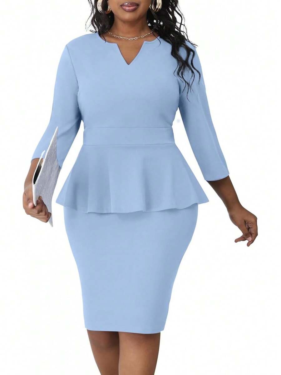 Plus Size Vintage Peplum Pencil Dress For Work Or Church - Light Blue - 查看 1