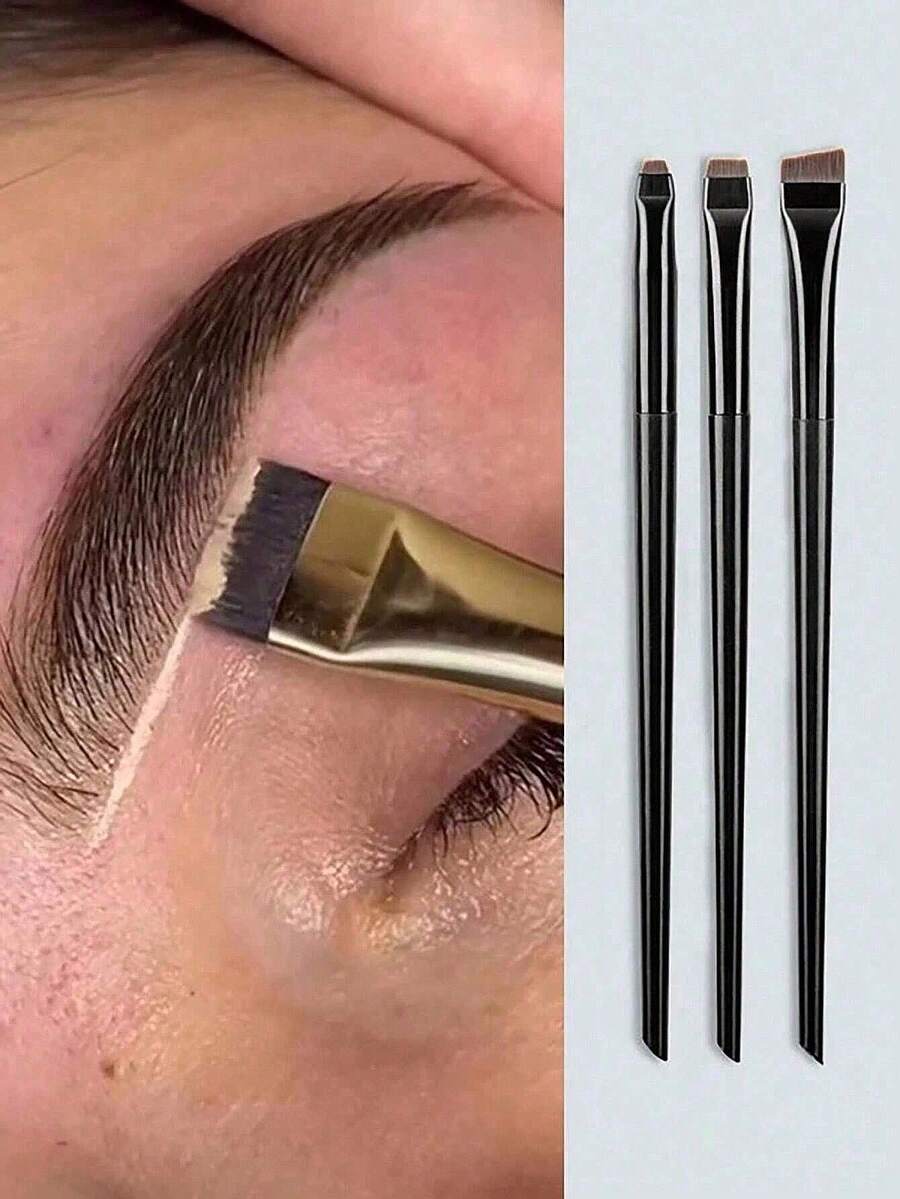 3Pcs Ultra-Thin Angled Precision Eye & Brow Brush Set | Raffaello Slanted Eyeliner & Eyebrow Brushes, Cruelty-Free Synthetic Bristles Professional Eye Makeup Tool (Black) - 黑色 - 查看 1