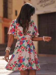 女士波西米亚风印花V领短袖褶皱A字迷你连衣裙，喇叭下摆 - 粉色 - 查看 5