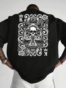T-shirt de manga curta masculina Manfinity LEGND. T-shirt solta de estilo streeT- Com estampa caveira e coroa, em preto, para o verão. Tops elegantes para a primavera e verão, camisetas gráficas populares para homens. - Preto - Ver 8