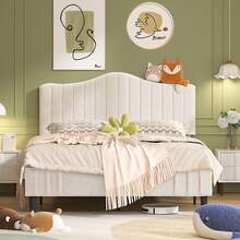 VECELO Double Size Upholstered Platform Bed Frame With Adjustable Headboard, Teddy Fabric, No Box Spring Needed - Beige - View 1