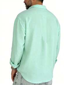 男士纯蓝色休闲长袖衬衫，户外休闲简约时尚衬衫，休闲上衣 - 青碧色 - 查看 2