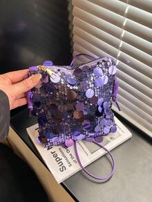 迷你亮片链条单肩包，个性纹理简约斜挎包，优雅手拿包，时尚亮片女士手机包，链条装饰可装手机和零钱，适合购物 - 紫色 - 查看 3