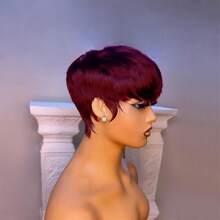 Brazilian Remy Human Hair Pixie Cut Wig, 1B Black , 99J Burgundy, 4# Brown Colored Short Glueless Wig With Bangs, Layered, Full Machine Made, Natural Black, Straight Hair, 180% Density, Rose Cap, For All Ethnicities - Multicolor - View 5