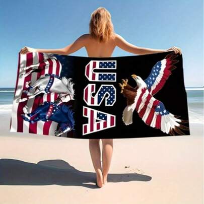 1条美国国旗爱国沙滩巾，饰有酷炫的雄鹰图案，超强吸水，轻便速干，柔软舒适——适合沙滩、游泳、瑜伽和跑步，也是圣帕特里克节、开斋节、狂欢节、复活节等节日沙滩礼物的理想之选。