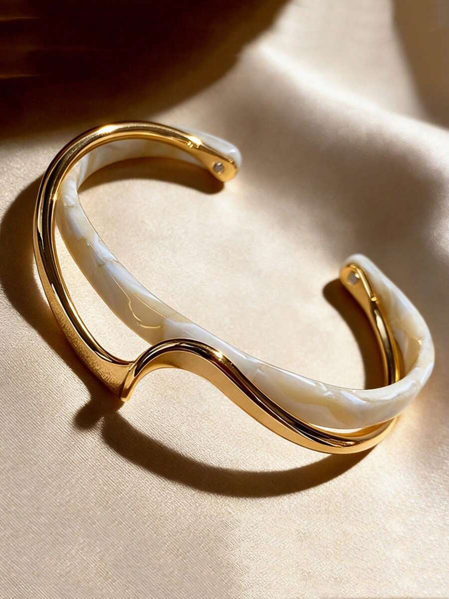 1 pieza Pulsera de estructura abierta, elegante y delicada para damas, pulsera de apertura de onda de dos tonos de doble capa, diseño de onda de doble capa, regalo conmemorativo de vacaciones - pulsera - Ver 1