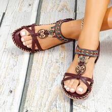 波西米亚风串珠绑带沙滩平底凉鞋，夏季 - 紫色 - 查看 2