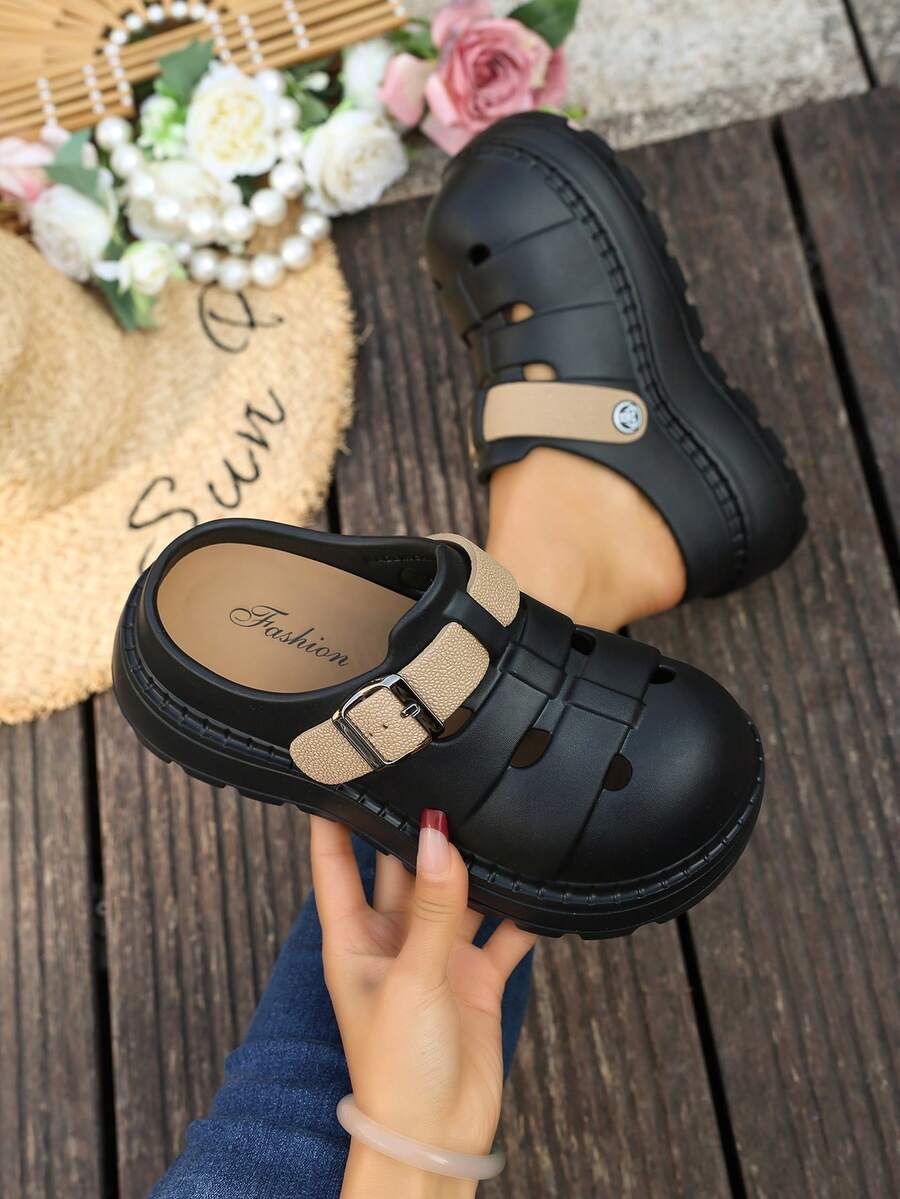 女士厚底镂空透气闭趾凉鞋，夏季 - 黑色 - 查看 1