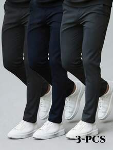 3pcs Men's Classic Design Dress Pants, Solid Color Stretch Pants For Business Occasions In Spring & Summer, Elegant Luxurious Style - Multicolor - View 2