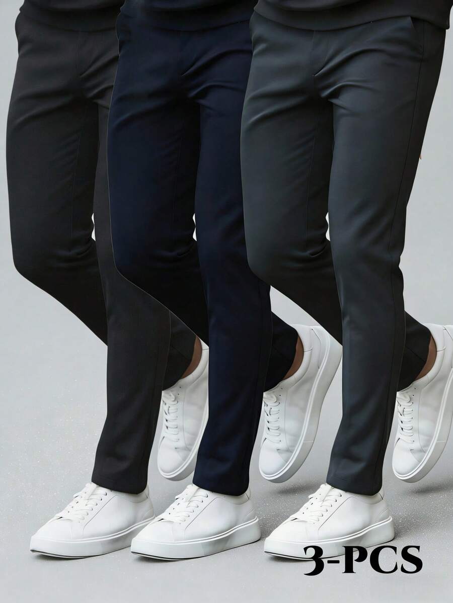 3pcs Men's Classic Design Dress Pants, Solid Color Stretch Pants For Business Occasions In Spring & Summer, Elegant Luxurious Style
