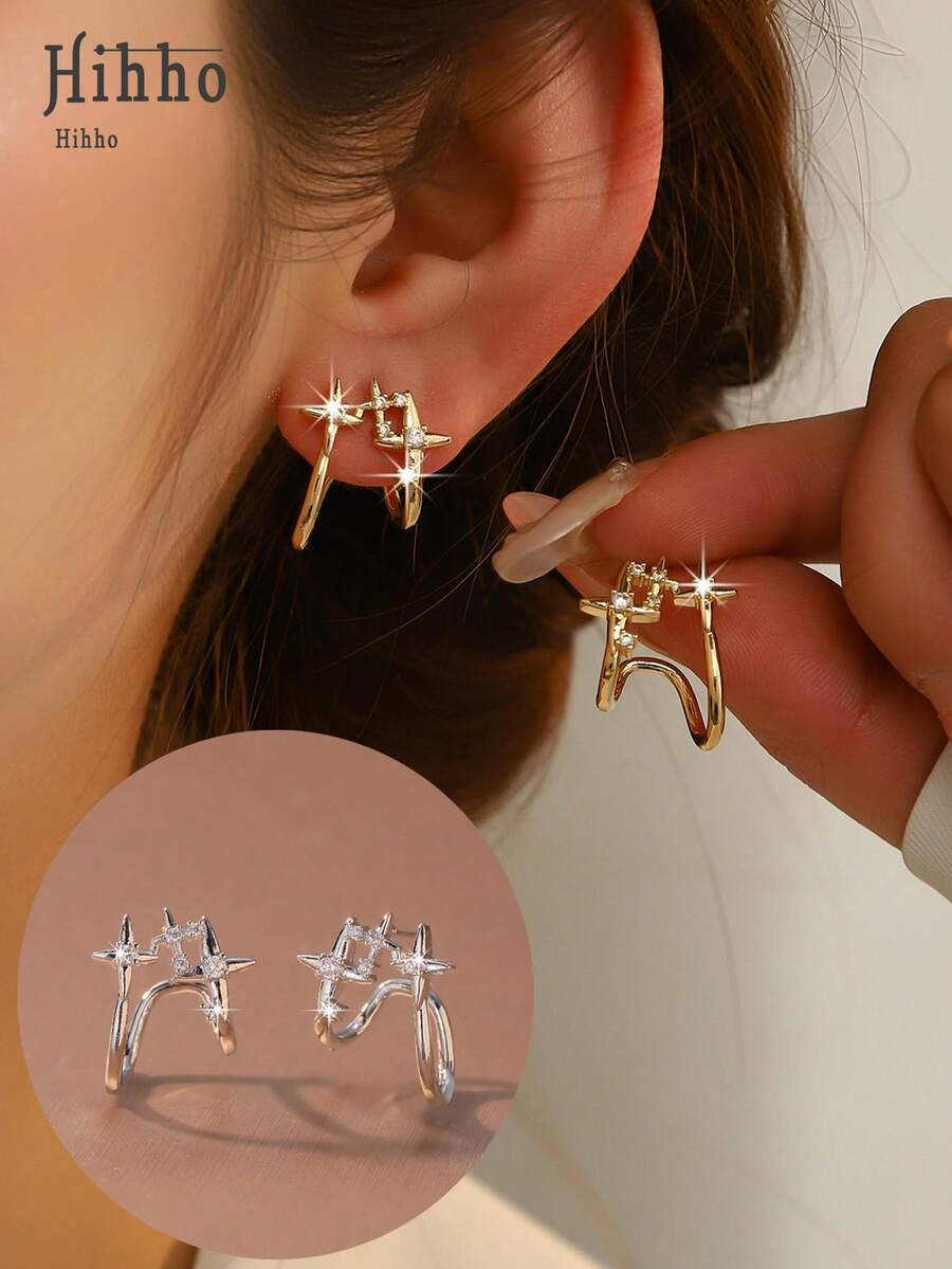 Hihho 2 đôi khuyên tai kẹp tai hình ngôi sao bốn cánh đính đá Zirconia lấp lánh, thời trang, quà tặng cho bé gái.