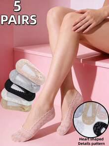 5/2/1 par de calcetines de barco de verano para mujer con patrón de corazón aleatorio de encaje, calcetines invisibles y transparentes de corte bajo - Multicolor - Ver 1