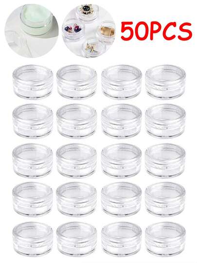 50 stuks transparante, ronde, verzegelde plastic doosjes voor gezichtscrème met glinsterende vakjes voor individuele verpakking. Een klein doosje voor nagelverzorging. Gemakkelijk mee te nemen voor onderweg (30/10/2 stuks).