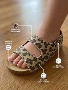 Girls' 3-12 Years Essential Leopard Print Sandals, Canvas Sole + Classic Leopard Pattern, Double Strap Open Toe Design, Adjustable Heel, Soft Cork Midsole + Non-Slip Rubber Sole, Retro Casual Style, Versatile For Daily Wear, Spring/Summer - Maroon - View 7