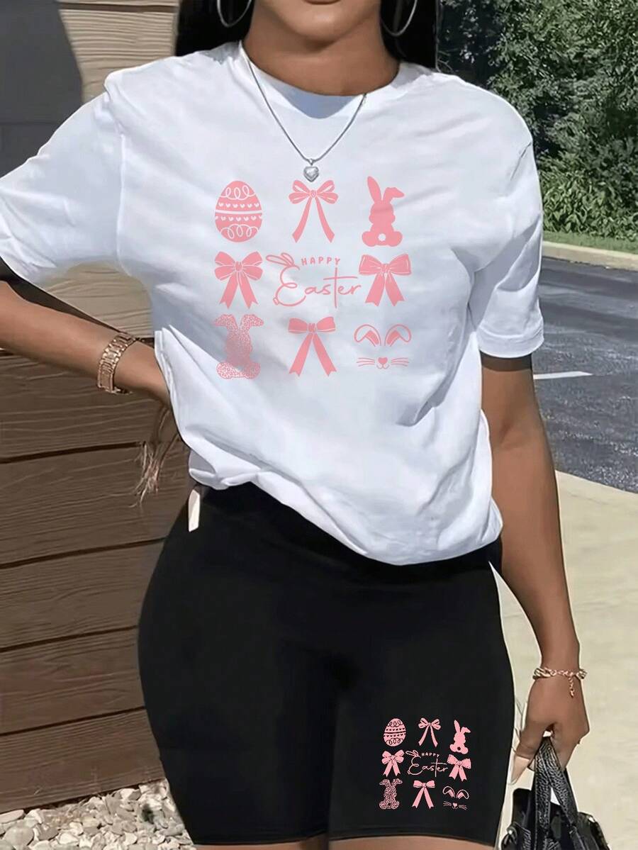 Conjunto de Yoga para Mujer Camiseta Cuello Redondo y Shorts Deportivos con Estampados de Pascua Conejos y Huevos Decorativos Suave y Elástico para Ejercicio Gimnasia Pilates o Entrenamiento Diario Ro - Blanco - Ver 1