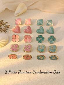 3 Pairs Random Combination Earrings, Stainless Steel Jewelry Showcasing Personalized - Rose Red, Green Floral Geometric Earring Set, Minimalist Square Earring Set, Heart Stud Earrings, Vintage Jewelry, Summer Beach Swimwear Accessories, Attractive Apparel Accessories, Wedding Dress Decorations - Multipurpose Jewelry Suitable For Swimming, Bathing, Exercising - Multicolor - View 9
