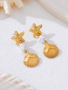 1 Đôi bông tai dáng dài hình sao biển và vỏ sò phong cách đại dương thanh lịch, quà tặng trang sức thời trang dành cho nữ, thích hợp để đeo hàng ngày, đi biển, du lịch, dự tiệc. - Vàng - Xem 11