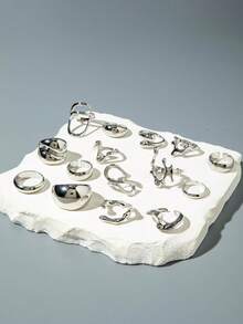 15pcs/Set Asymmetrical Geometric Textured Zinc Alloy Ring Set, Suitable For Women's Daily Stacking, Gift - Multicolor - View 8