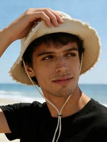 1pc Summer Drawstring Brim Bucket Hat, Outdoor Sun Hat, Adjustable Chin Strap, Durable Design, Soft Fabric, Windproof, Fashionable, Suitable For Travel, Beach, Leisure Vacation, Daily Use - Multicolor - View 2