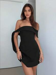 欧美时尚休闲优雅露肩高腰性感棕色连衣裙，适合派对/约会，夏季女装 - 黑色 - 查看 3