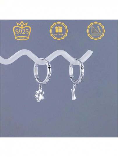 1 par de pendientes creativos y lindos de plata de ley 925, con circonita incrustada, diseño asimétrico de garra de animal y forma de hueso, adecuados para uso diario de mujeres, también pueden ser un regalo ideal para familiares y amigos en fiestas o cumpleaños