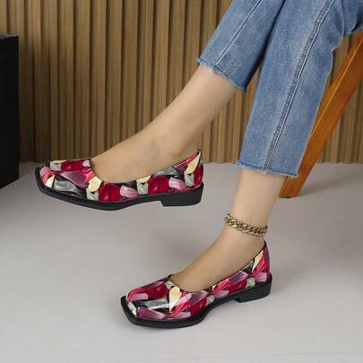 2026 New Women's Red & Pink Abstract Print Square Toe Loafers, Fashionable Casual Slip-On Commuting Shoes