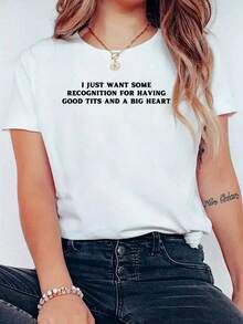 Camiseta Unisex 100% Algodón, Divertida Y2K con Estampado 'Solo Quiero Reconocimiento Por Tener Buenos Pechos', Camiseta de Manga Corta, Camiseta Gráfica Casual para Hombre y Mujer - Blanco - Ver 1