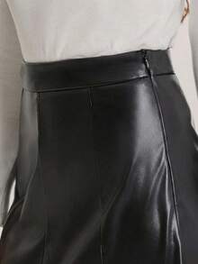 Women's Side Invisible Zipper Faux Leather PU Mid-Length Skirt Black Spring - Black - View 4