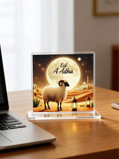 这款畅销的桌面摆件专为尊贵的宰牲节而设计。它采用亚克力材质，创意设计融合了阿拉伯书法和可爱的绵羊图案。它完美适用于各种场合，包括节日庆典、假日招待会和餐桌摆饰。