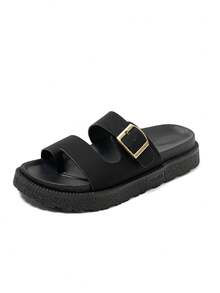 Korean Style Platform Slide Sandals For Women, Comfortable & Versatile, Double Strap With Metal Buckle Toe Loop, Suitable For Summer Outdoor Wear - Black - View 3